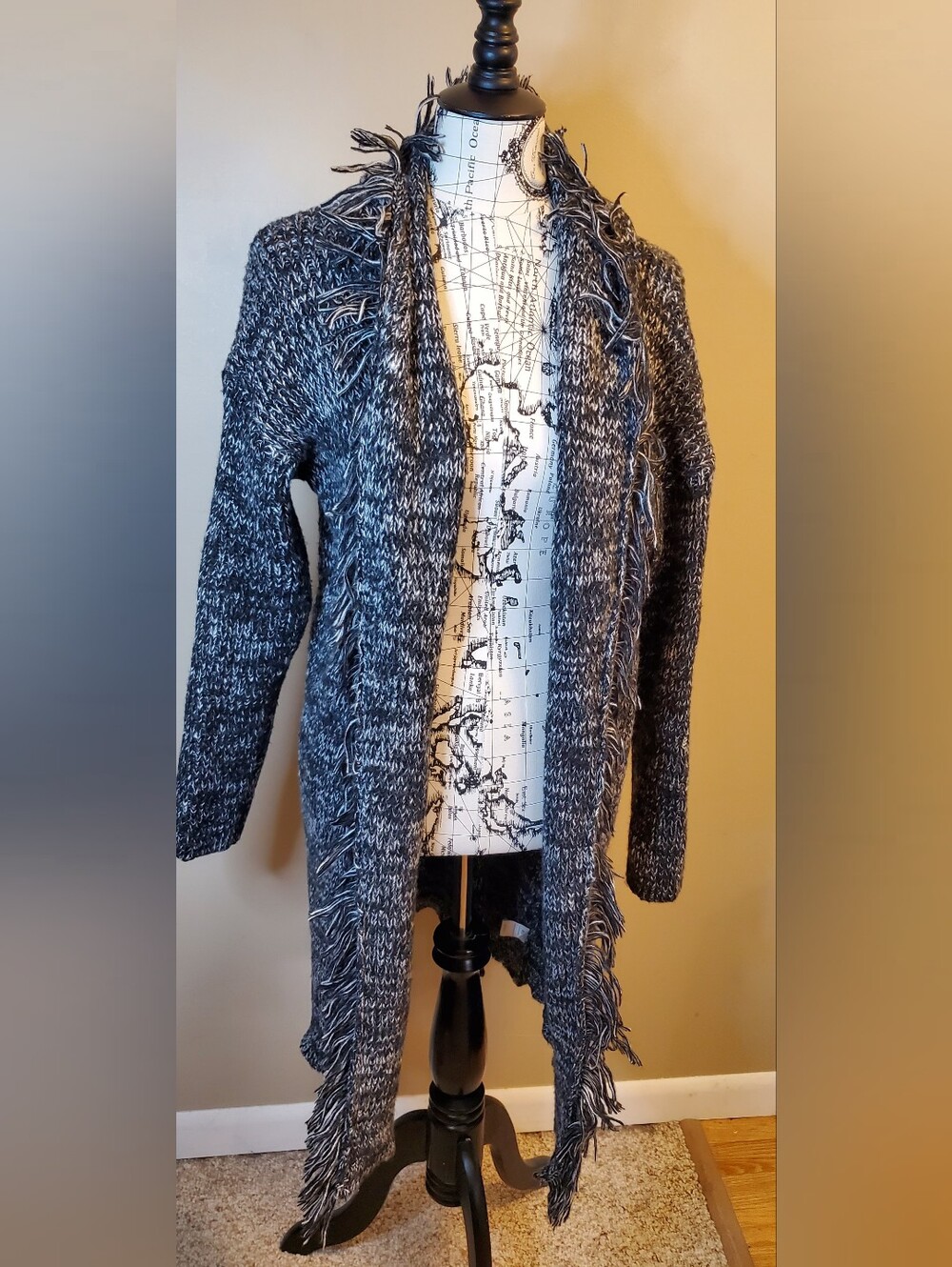Grace & Karma M/L Black White Marled Fringe Open Cardigan Sweater Boho Cozy